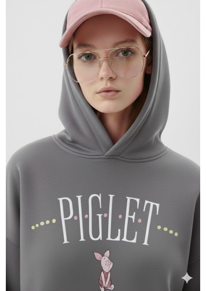 Piglet Baskılı Kapüşonlu Kanguru Cepli Bol Kesim Sweatshirt