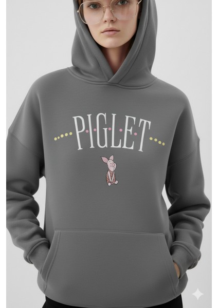 Piglet Baskılı Kapüşonlu Kanguru Cepli Bol Kesim Sweatshirt modelleri