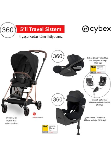 5 Li Travel Sistem Indirimi Cybex Mios Rosegold + Cybex Cloud T 360 Isize + Cybex Sirona T 360 Isize + Cybex T Isofix Baza