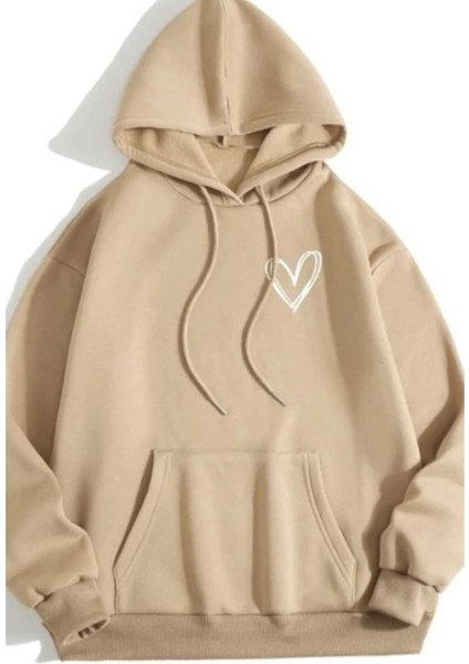 Kadın Bej Kalp Baskılı Kapşonlu Oversize Sweatshirt