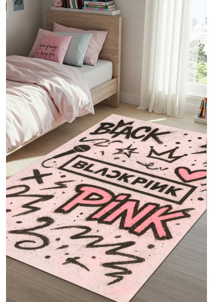 Blackpink Grup Temalı Pembe Kız Çocuk Halısı Dijital Baskı Dokuma Kaymaz Taban Yıkanabilir Antialerjik Çocuk Halısı