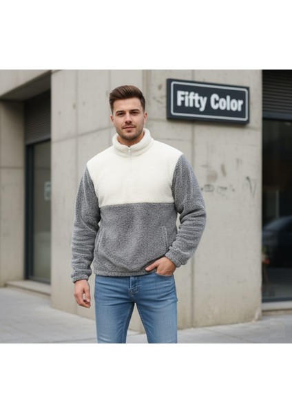Erkek Polar Sweatshirt Yarım Fermuarlı Renk Bloklu Oversize Kalın Kışlık Sıcak Tutan Peluş Üst fiyatları