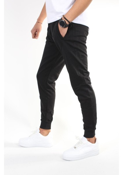 Erkek Siyah Lastikli Paça Düz Eşofman Altı