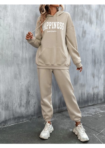 Kadın Bej Happiness Alt Üst Eşofman Takımı Oversize Kapüşonlu modelleri