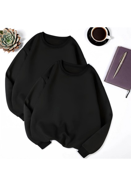 2 Li Siyah ve Gri Basic Kışlık Sweatshirt Şardonlu