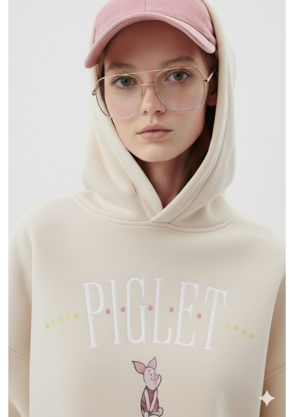Piglet Baskılı Kapüşonlu Kanguru Cepli Bol Kesim Sweatshirt