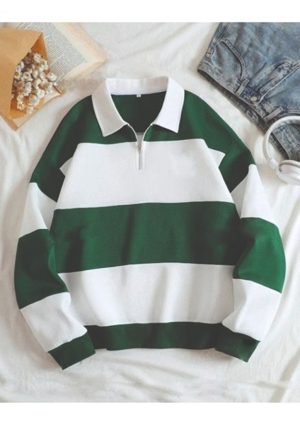 Parçalı Renk Yarım Fermuarlı Polo Yaka Sweatshirt Içi Polarlı Unisex