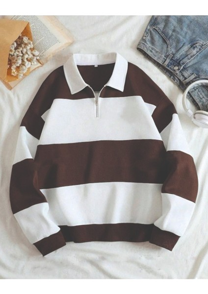 Parçalı Renk Yarım Fermuarlı Polo Yaka Sweatshirt Içi Polarlı Unisex Akmayan Kumaş