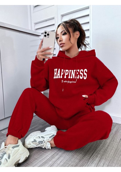 Kadın Kırmızı Happiness Alt Üst Eşofman Takımı Oversize Kapüşonlu