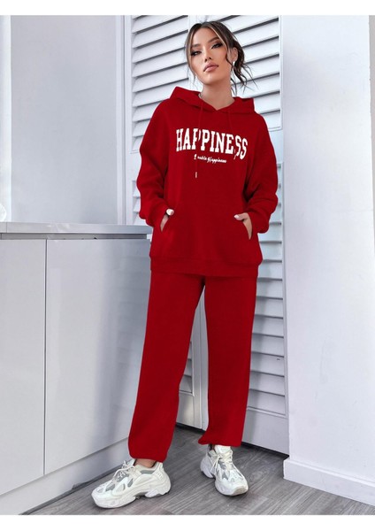 Kadın Kırmızı Happiness Alt Üst Eşofman Takımı Oversize Kapüşonlu fiyatları