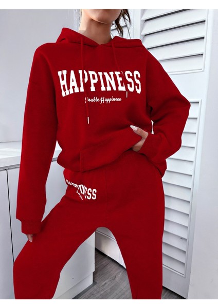 Kadın Kırmızı Happiness Alt Üst Eşofman Takımı Oversize Kapüşonlu modelleri