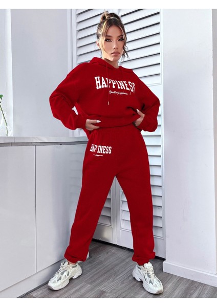 Kadın Kırmızı Happiness Alt Üst Eşofman Takımı Oversize Kapüşonlu fırsatları
