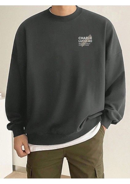 Charlie Luciano Tasarım Kışlık Sweatshirt - Füme Baskılı Oversize Şardonlu Bisiklet Yaka