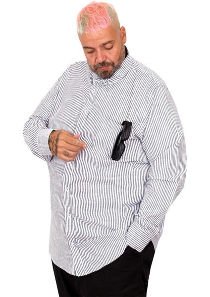 Büyük Beden Erkek Gömlek Uzun Kol Keten Cepli Siyah 20384