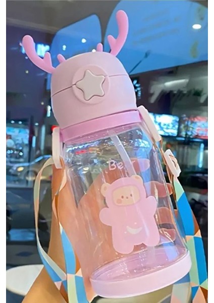 Geyik Başlıklı Çocuk Suluk Matara Bpa Içermez Dayanıklı Sızdırmaz Askı Aparatlı Pipetli Okul Suluğu