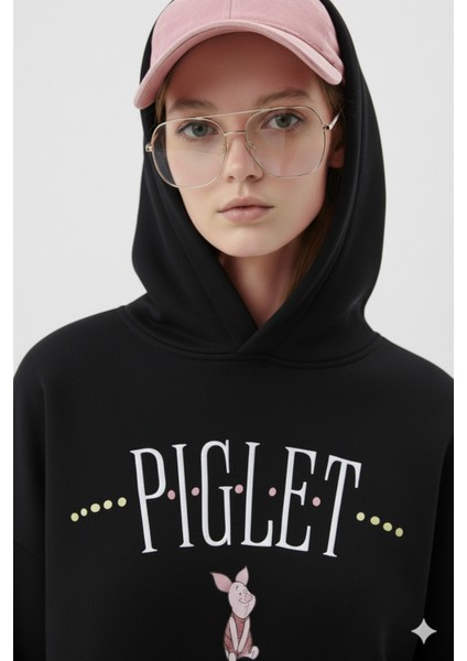 Piglet Baskılı Kapüşonlu Kanguru Cepli Bol Kesim Sweatshirt