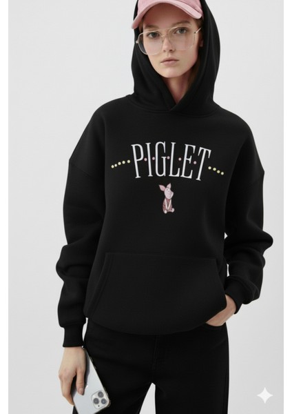 Piglet Baskılı Kapüşonlu Kanguru Cepli Bol Kesim Sweatshirt modelleri