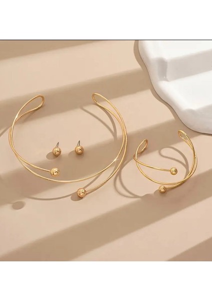 Helezonik Tasarım Altın Rengi Topçuk Detaylı Choker Kolye Bileklik ve Küpe Üçlü Set fiyatları