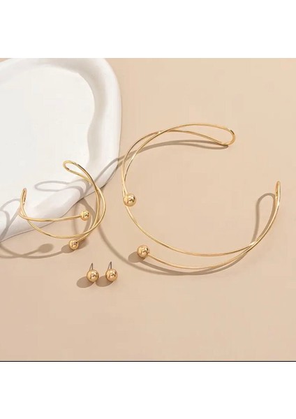 Helezonik Tasarım Altın Rengi Topçuk Detaylı Choker Kolye Bileklik ve Küpe Üçlü Set modelleri