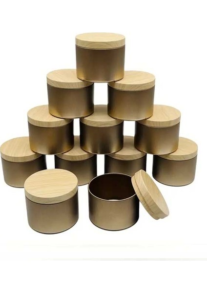15 Adet Altın Teneke Metal Mum Kavanozu Ahşap Görünüm Kapak, Dıy Ev Dekorasyonu, Saklama Kase