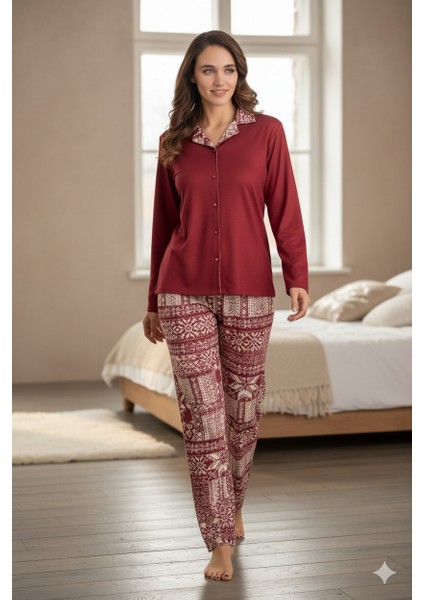Kadın Bordo Kışlık Gömlek Yaka Düğmeli Nordik Desenli Pijama Takımı