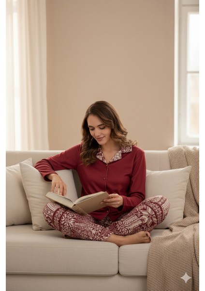Kadın Bordo Kışlık Gömlek Yaka Düğmeli Nordik Desenli Pijama Takımı fiyatları