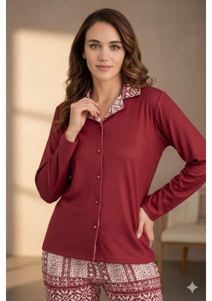 Kadın Bordo Kışlık Gömlek Yaka Düğmeli Nordik Desenli Pijama Takımı modelleri