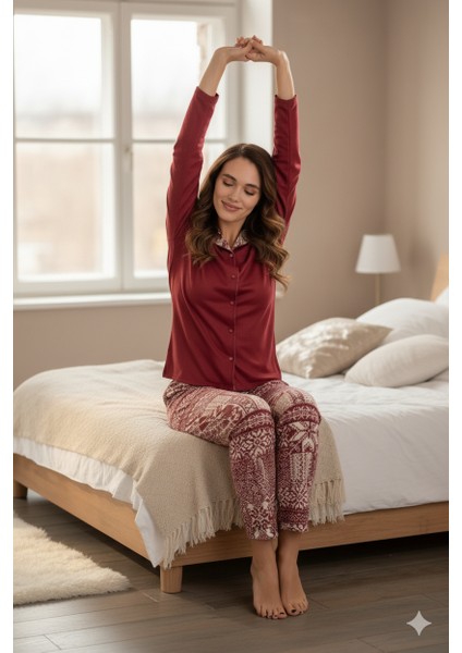 Kadın Bordo Kışlık Gömlek Yaka Düğmeli Nordik Desenli Pijama Takımı fırsatları