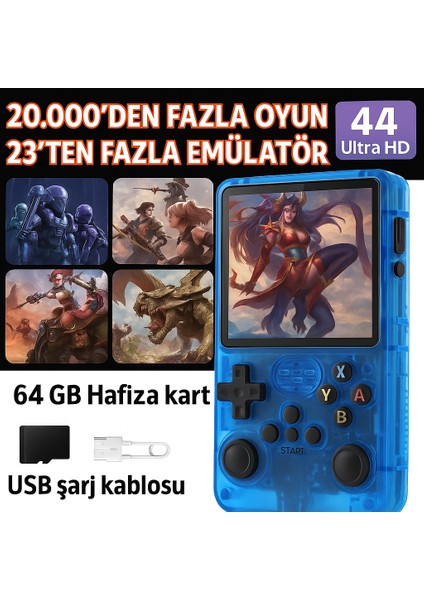 R36S Retro El Konsolu – 3.5” 4K IPS Ekran, 20.000+ Oyun, 23 Emülatör, 64GB Hafıza Kartı, HDMI & Wi-Fi Destekli- Mavi