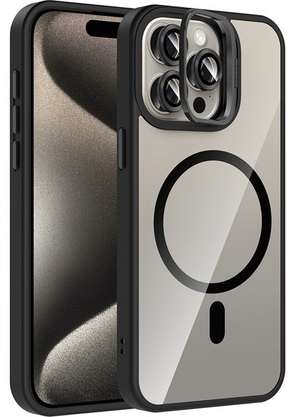 iPhone 15 Pro Kılıf Standlı ve Kamera Lens Hediyeli M-Safe Şarj Özellikli Senk Etro Kapak - Siyah