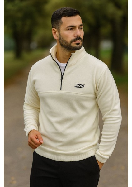 Erkek Nakışlı Polar Sweatshirt Dik Yaka Yarım Fermuar Beli Lastikli - Ekru fırsatları