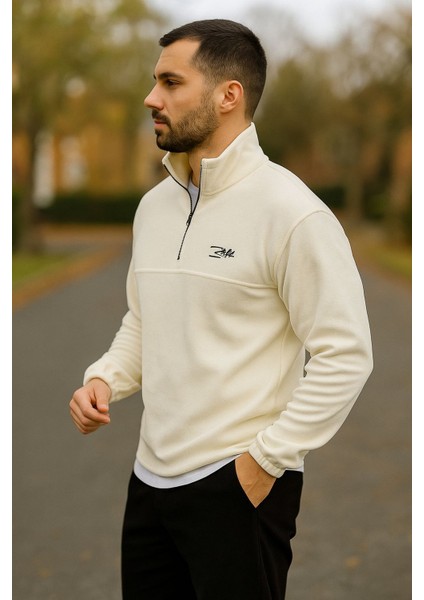 Erkek Nakışlı Polar Sweatshirt Dik Yaka Yarım Fermuar Beli Lastikli - Ekru indirimleri