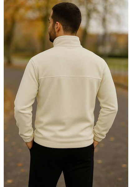 Erkek Nakışlı Polar Sweatshirt Dik Yaka Yarım Fermuar Beli Lastikli - Ekru