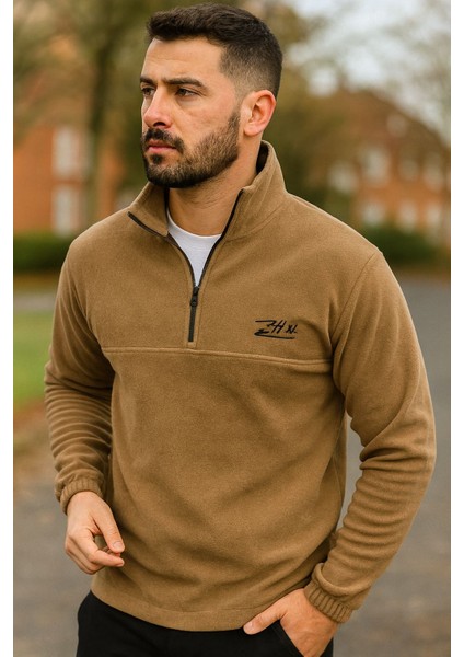 Erkek Nakışlı Polar Sweatshirt Dik Yaka Yarım Fermuar Beli Lastikli - Ekru fırsatları