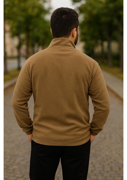 Erkek Nakışlı Polar Sweatshirt Dik Yaka Yarım Fermuar Beli Lastikli - Ekru indirimleri