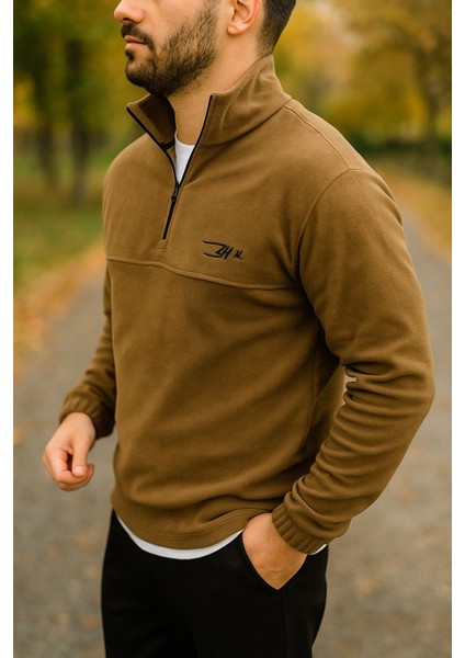 Erkek Nakışlı Polar Sweatshirt Dik Yaka Yarım Fermuar Beli Lastikli - Ekru