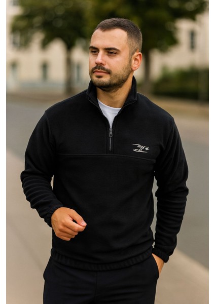 Erkek Nakışlı Polar Sweatshirt Dik Yaka Yarım Fermuar Beli Lastikli - Ekru fırsatları