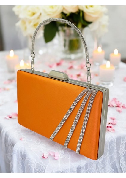 Turuncu Renk Saten Çapraz Kristal Gümüş Taşlı Kadın Abiye Çanta Düğün Nişan Mezuniyet