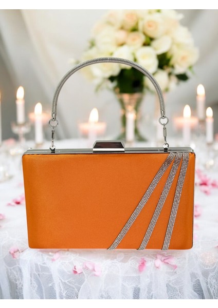 Turuncu Renk Saten Çapraz Kristal Gümüş Taşlı Kadın Abiye Çanta Düğün Nişan Mezuniyet fiyatları