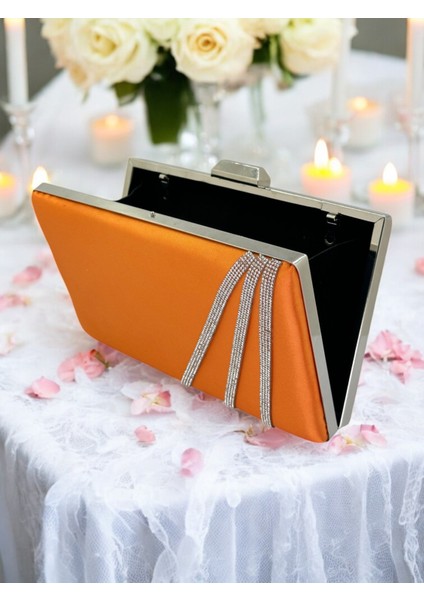 Turuncu Renk Saten Çapraz Kristal Gümüş Taşlı Kadın Abiye Çanta Düğün Nişan Mezuniyet modelleri