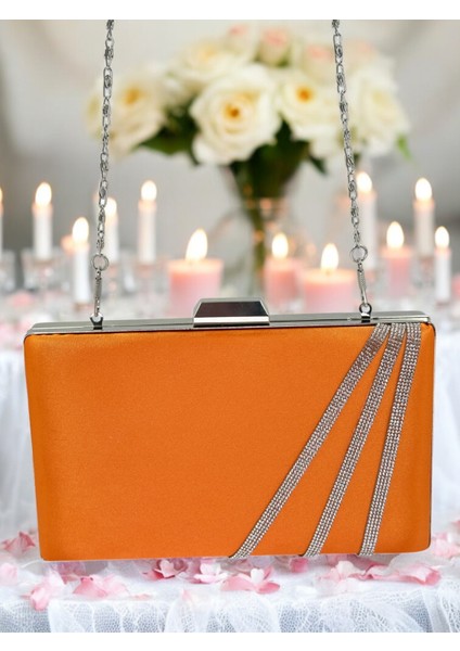 Turuncu Renk Saten Çapraz Kristal Gümüş Taşlı Kadın Abiye Çanta Düğün Nişan Mezuniyet fırsatları