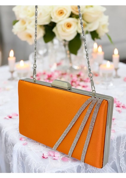 Turuncu Renk Saten Çapraz Kristal Gümüş Taşlı Kadın Abiye Çanta Düğün Nişan Mezuniyet indirimleri