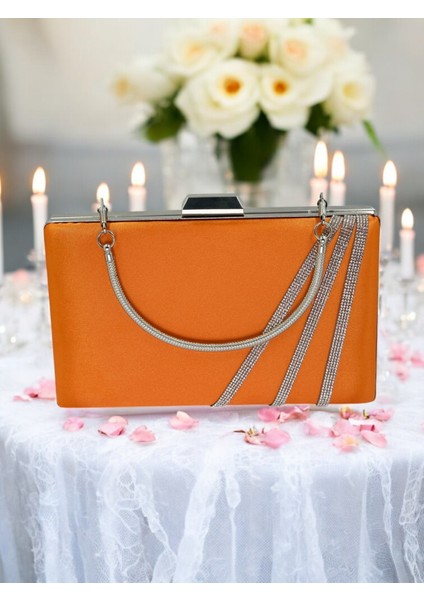 Turuncu Renk Saten Çapraz Kristal Gümüş Taşlı Kadın Abiye Çanta Düğün Nişan Mezuniyet