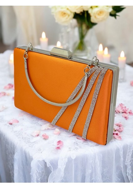 Turuncu Renk Saten Çapraz Kristal Gümüş Taşlı Kadın Abiye Çanta Düğün Nişan Mezuniyet