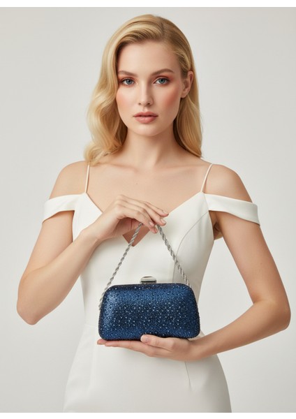 Lacivert Renk Taşlı Zincir Detaylı Zincir Saplı Kadın Abiye Çanta Düğün Nişan Mezuniyet