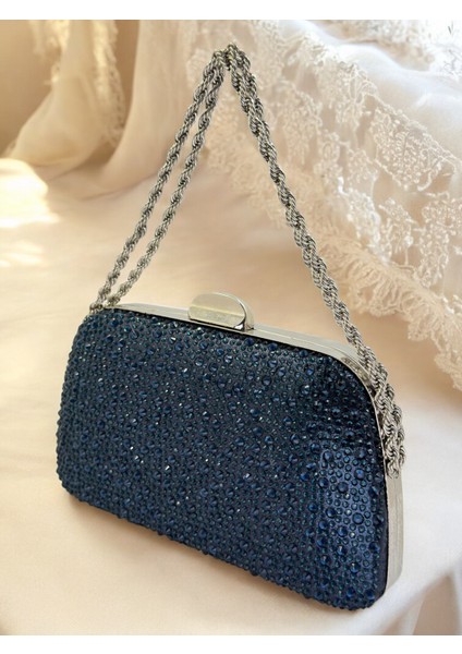 Lacivert Renk Taşlı Zincir Detaylı Zincir Saplı Kadın Abiye Çanta Düğün Nişan Mezuniyet fiyatları