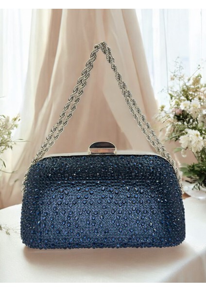 Lacivert Renk Taşlı Zincir Detaylı Zincir Saplı Kadın Abiye Çanta Düğün Nişan Mezuniyet modelleri