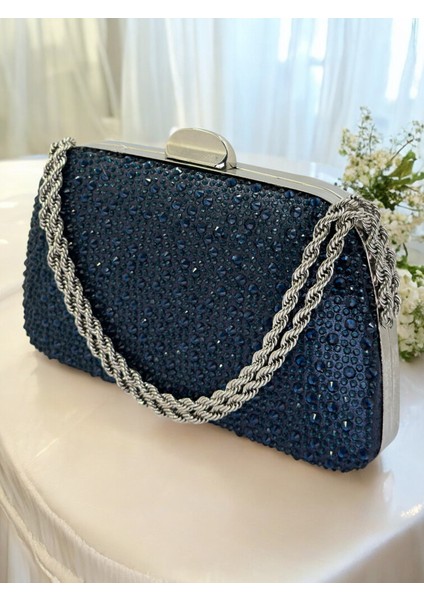 Lacivert Renk Taşlı Zincir Detaylı Zincir Saplı Kadın Abiye Çanta Düğün Nişan Mezuniyet fırsatları