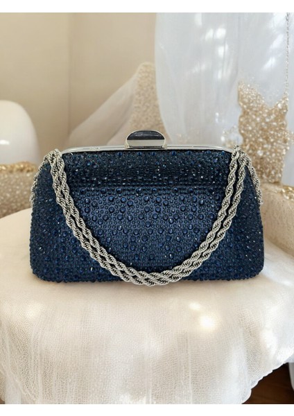 Lacivert Renk Taşlı Zincir Detaylı Zincir Saplı Kadın Abiye Çanta Düğün Nişan Mezuniyet indirimleri