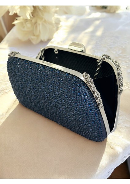Lacivert Renk Taşlı Zincir Detaylı Zincir Saplı Kadın Abiye Çanta Düğün Nişan Mezuniyet